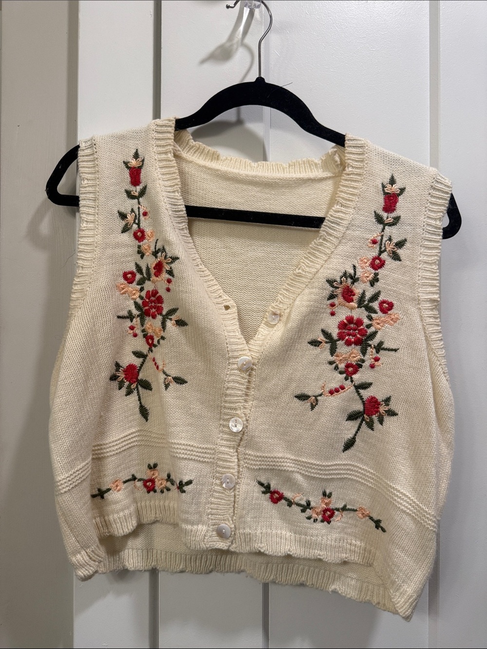 Cream Floral Embroidered Button-Up Sweater Vest